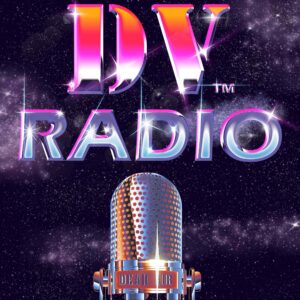 DV Radio microphone logo with a galactic, retro look