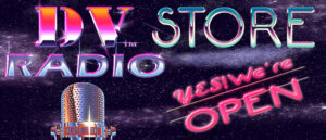 DV Radio microphone store logo with a galactic, retro look. Other text reads yes! we're open