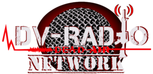 DV Radio Network logo with a microphone behind the text, an M16 as the i in radio, and the quote "DEAD AIR" between the top DV Radio text and bottom Network text.