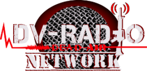 DV Radio Network logo with a microphone behind the text, an M16 as the i in radio, and the quote "DEAD AIR" between the top DV Radio text and bottom Network text.