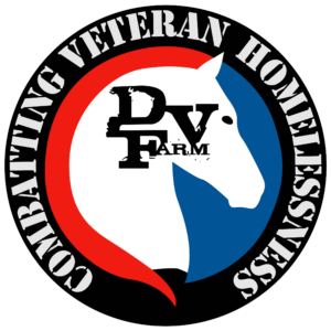 DV Farm horse head logo which is white and centered with a red half circle to its left and blue half circle to its right. The outer ring reads combatting veteran homelessness and the center reads DV Farm