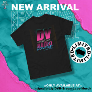 NEW ARRIVAL, Limited and https://bit.ly/DVR-SreamLabs-Merch are the text on this image. A teal background with two corners in pink. A t-shirt is the main focus in the middle.