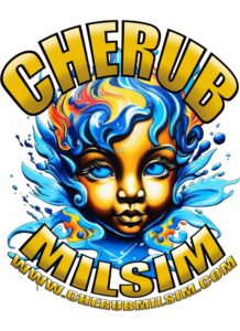 Colorful image of the face of a cherub with the words "Cherub Milsim" and the URL www.cherubmilsim.com.